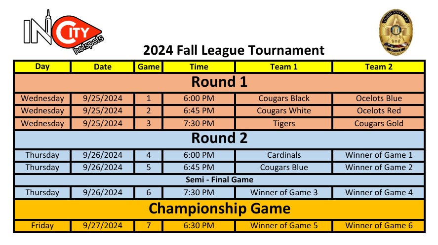 2024 InCity HotSpots Fall League Tournament Schedule